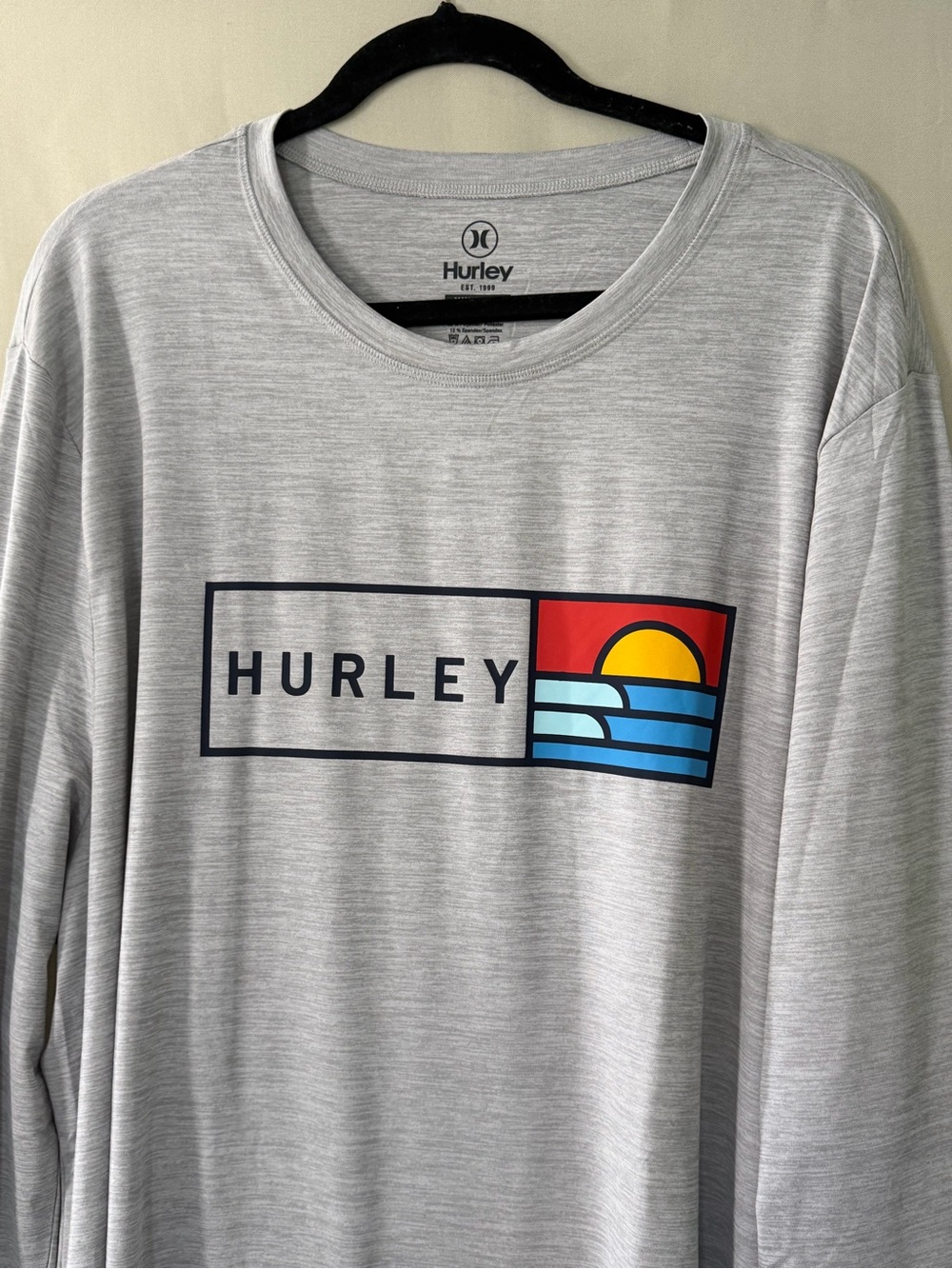 Hurley Mens Long Sleeve Graphic Tee Heather Grey Sunset Wave Logo XXL - Picture 4 of 10